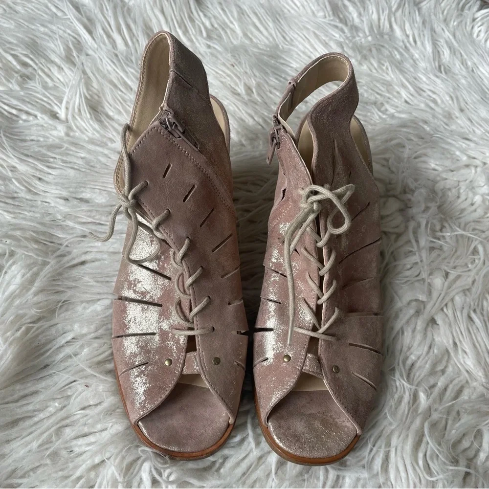Paul Green Metallic Cayenne Blush Leather Cosmo Lace Up Open Toe Heeled Bootie 9